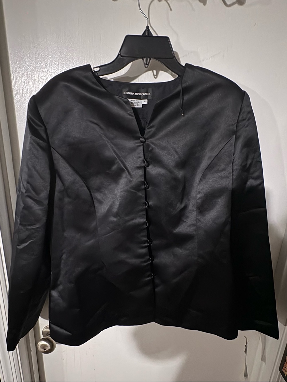 Donna Morgan Black Satin Button-Front Blazer